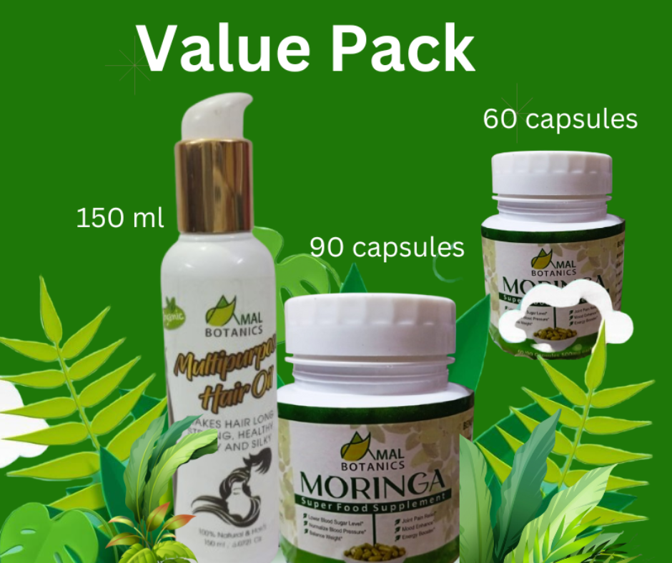 AMAL Botanics Value Pack – Multipurpose Hair Oil (150ml) + Moringa Capsules (150 capsules)